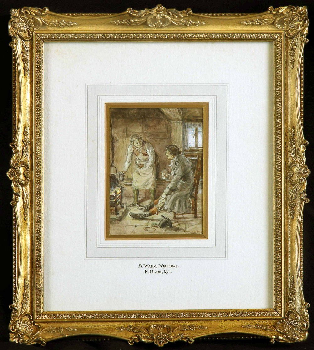 A pair of framed antique watercolour paintings by Frank Dadd depicting traditional British sporting and rural interior scenes in gilded swept frames. View II
