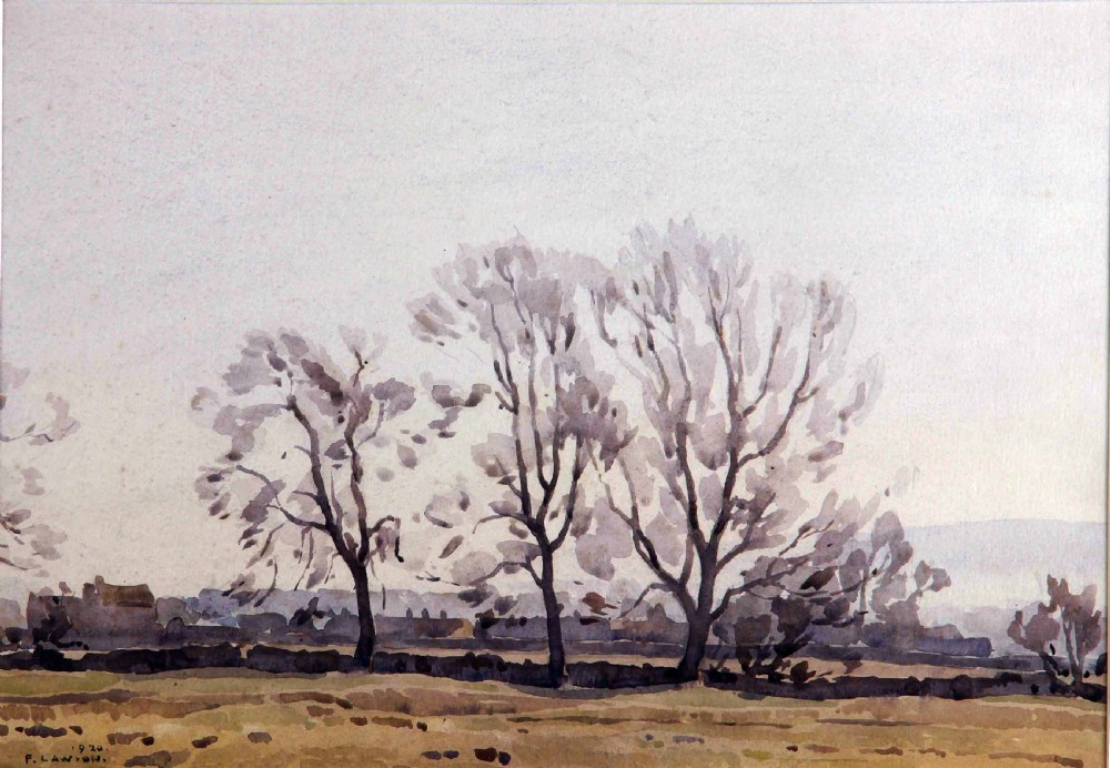 A watercolour landscape painting by Fred Lawson depicting bare winter trees against a muted grey sky near Redmire.