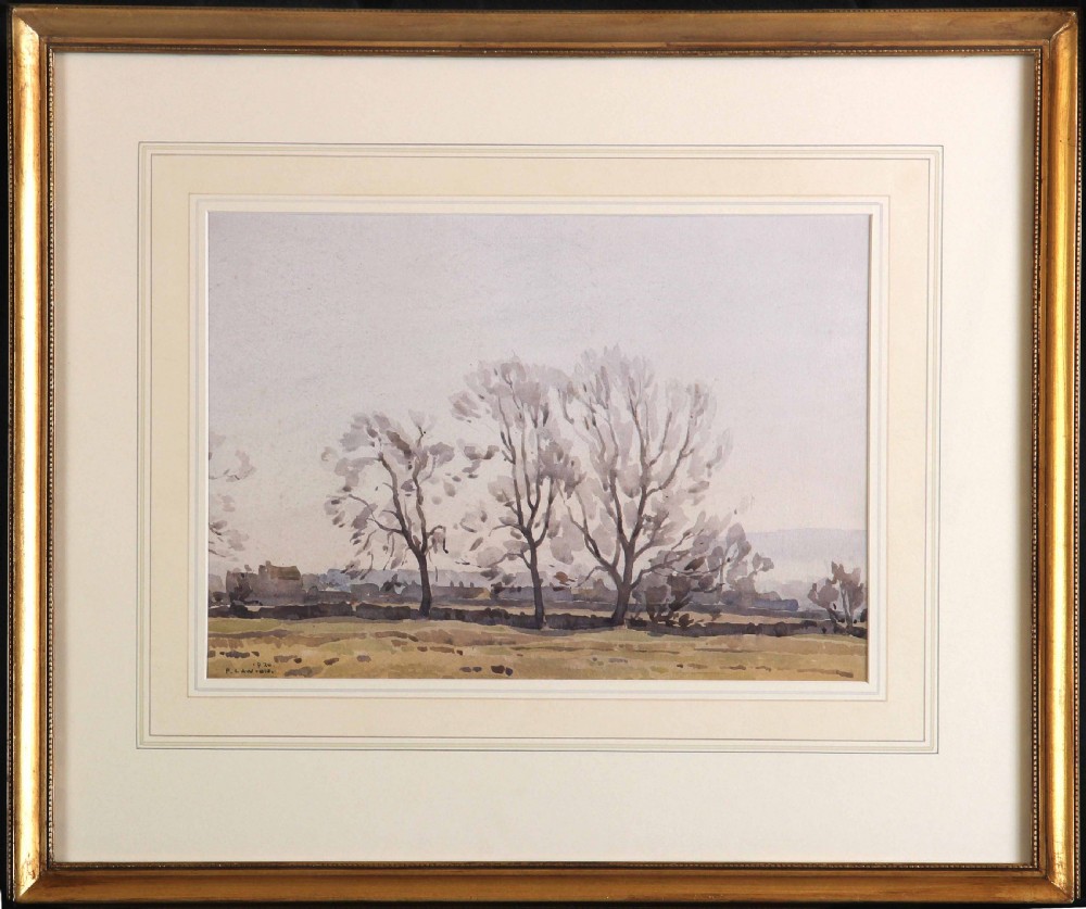 A watercolour landscape painting by Fred Lawson depicting bare winter trees against a muted grey sky near Redmire. View II