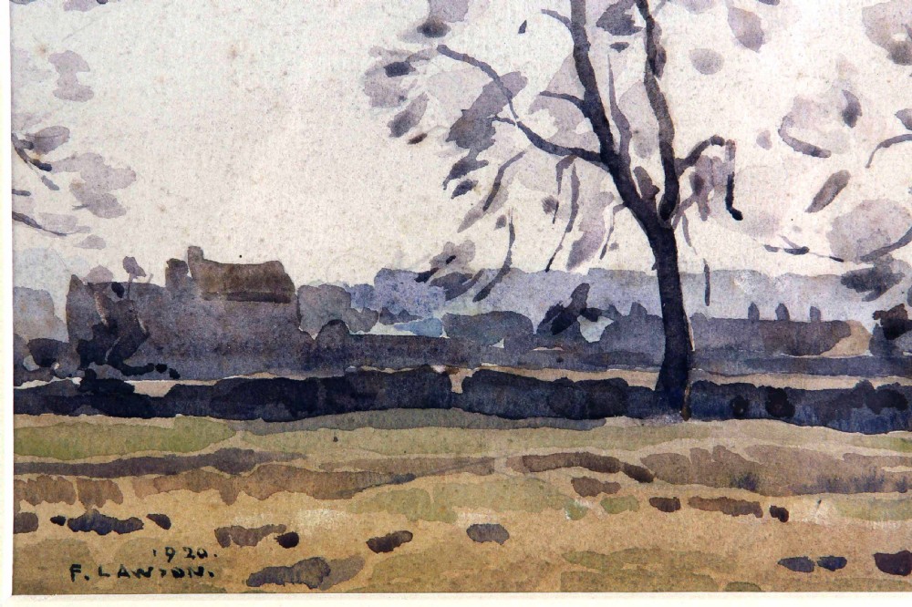 A watercolour landscape painting by Fred Lawson depicting bare winter trees against a muted grey sky near Redmire. View III