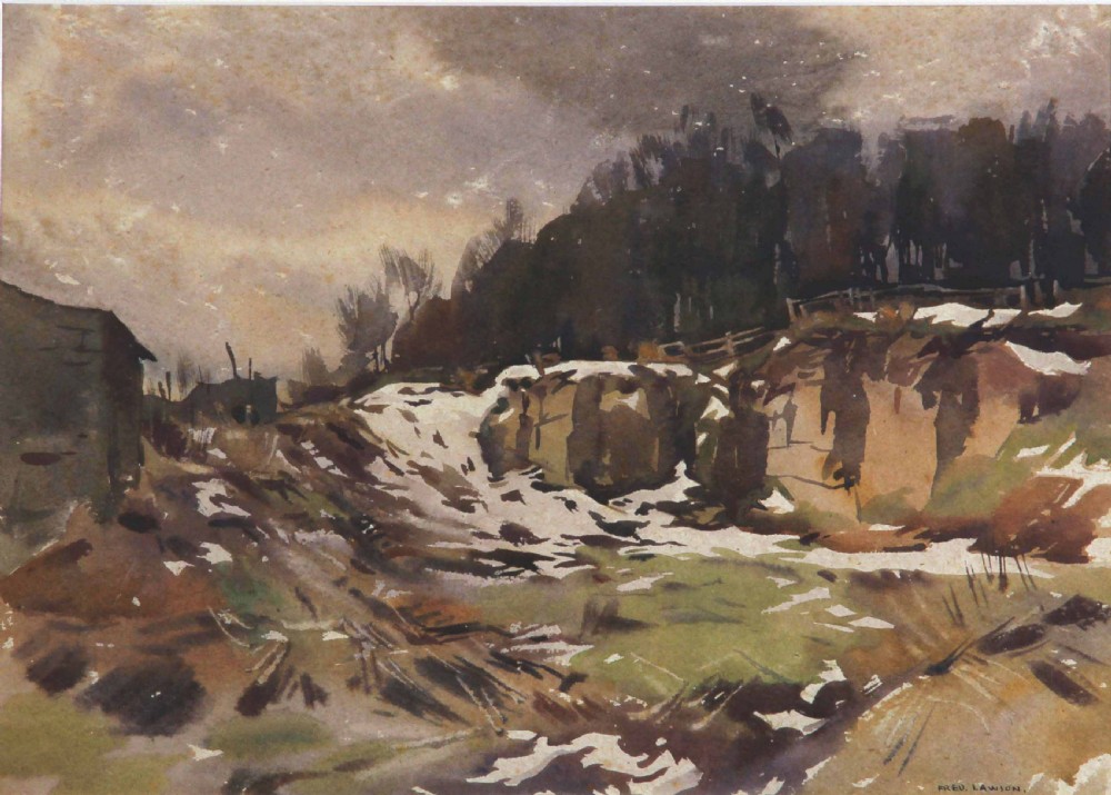 A watercolour landscape painting depicting a stone quarry scene in muted brown and green tones under an overcast sky, signed Fred Lawson.