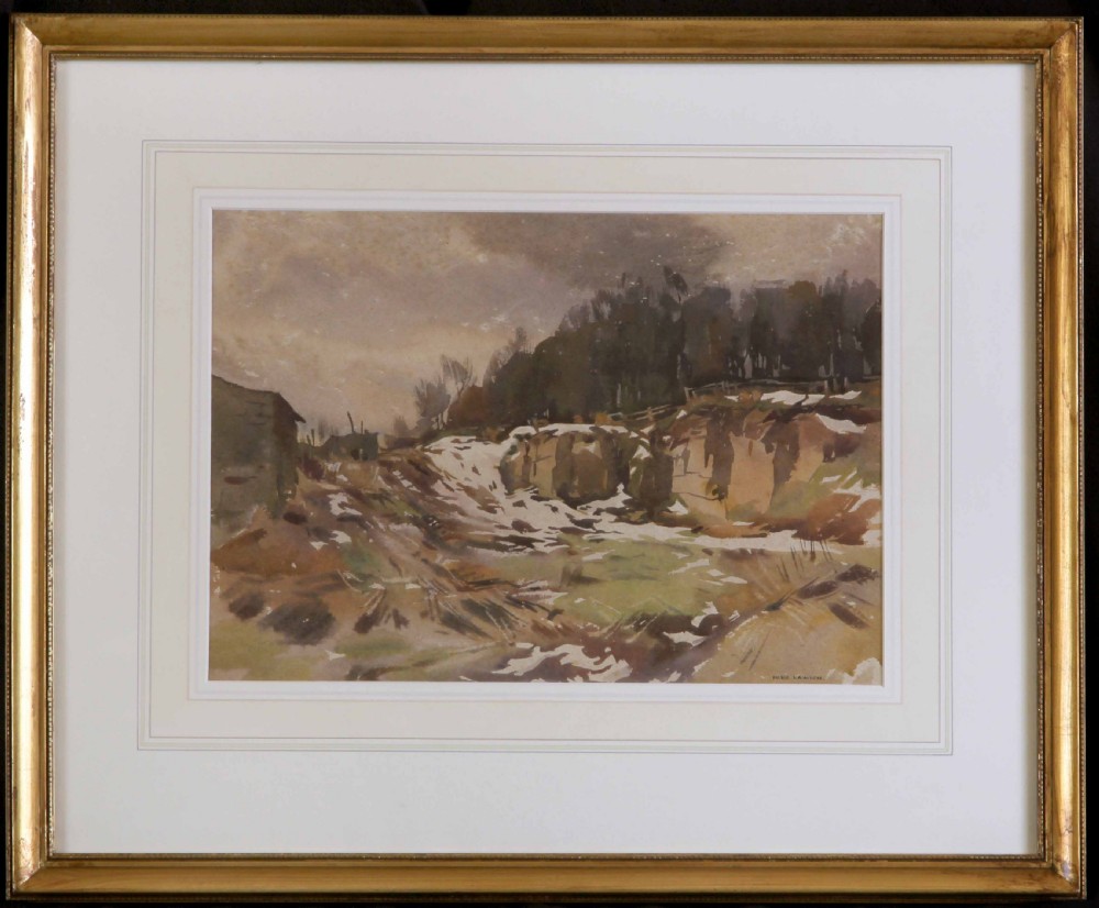 A watercolour landscape painting depicting a stone quarry scene in muted brown and green tones under an overcast sky, signed Fred Lawson. View II