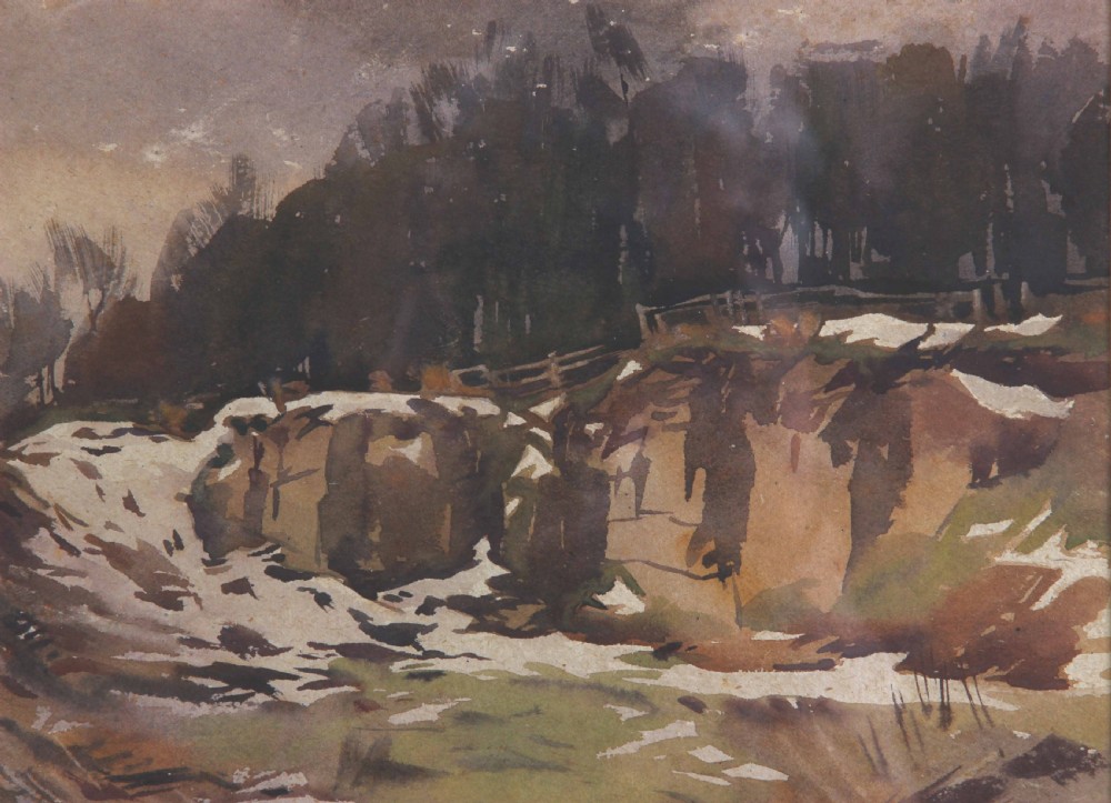 A watercolour landscape painting depicting a stone quarry scene in muted brown and green tones under an overcast sky, signed Fred Lawson. View IV