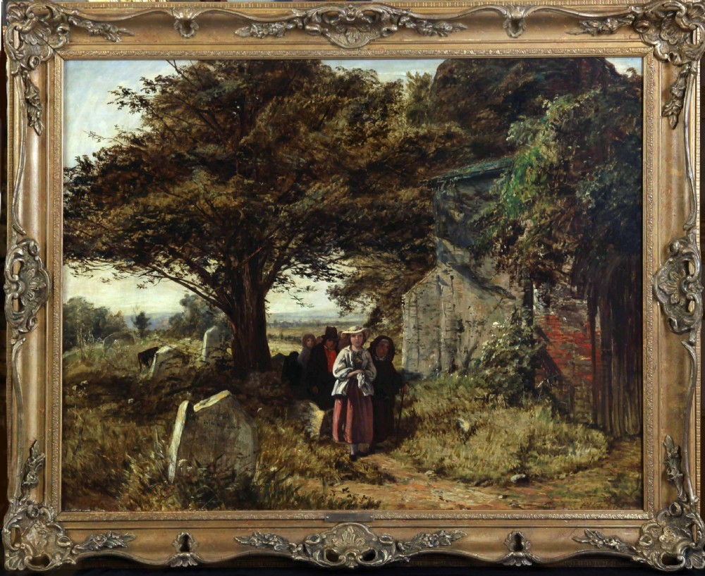 A large Victorian oil painting depicting rural figures walking along a path past a churchyard framed in an elaborate gilt frame.