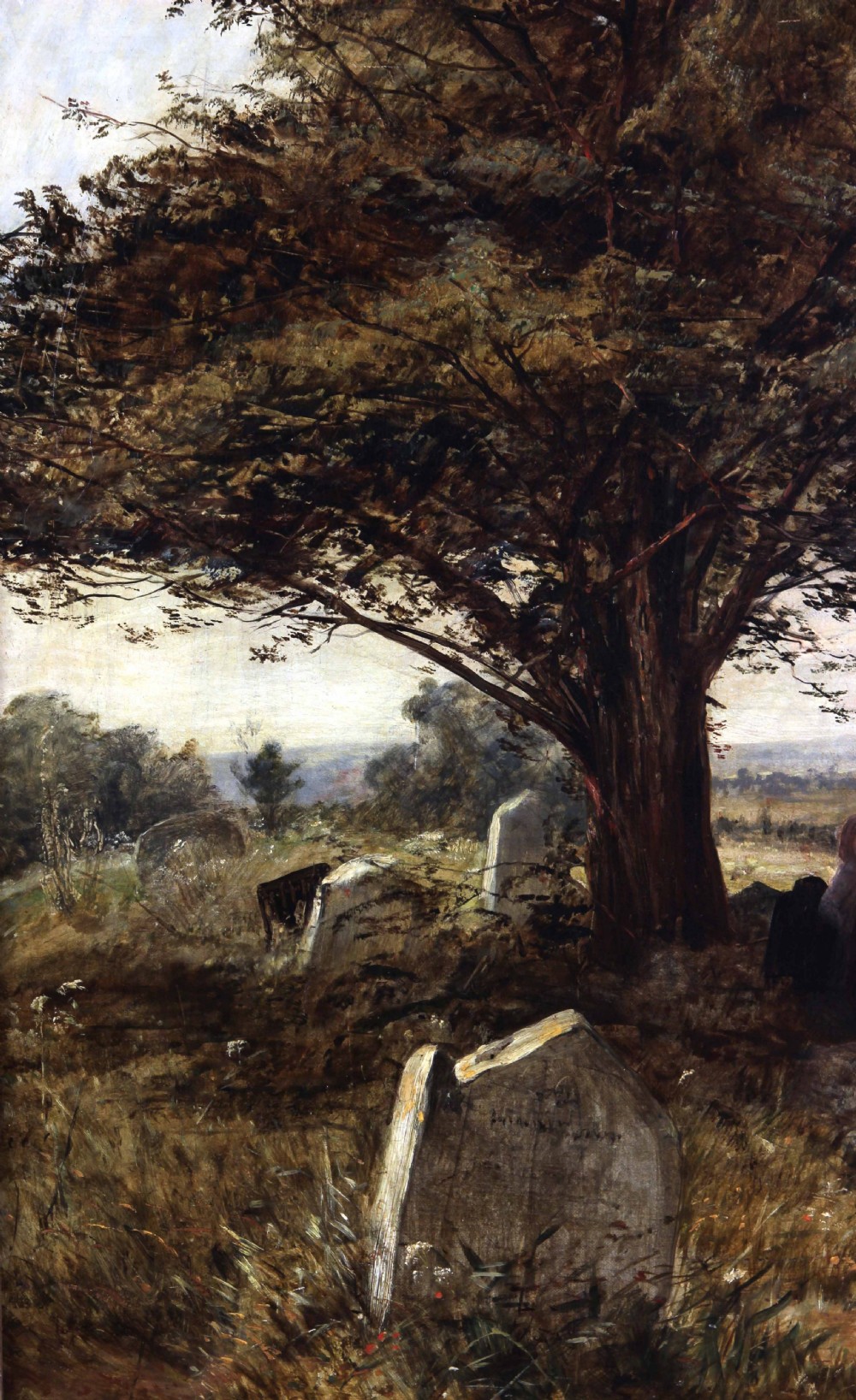 A large Victorian oil painting depicting rural figures walking along a path past a churchyard framed in an elaborate gilt frame. View III
