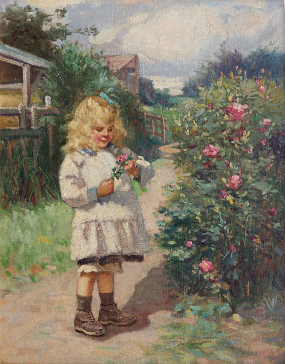 An antique oil painting depicting a young blonde girl holding a flower beside a rose bush in a ornate gilded gesso frame. View II