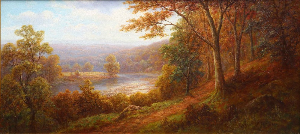 A horizontal oil painting depicting a river landscape in autumn with a dirt path alongside mature trees with warm brown foliage leading towards a river.
