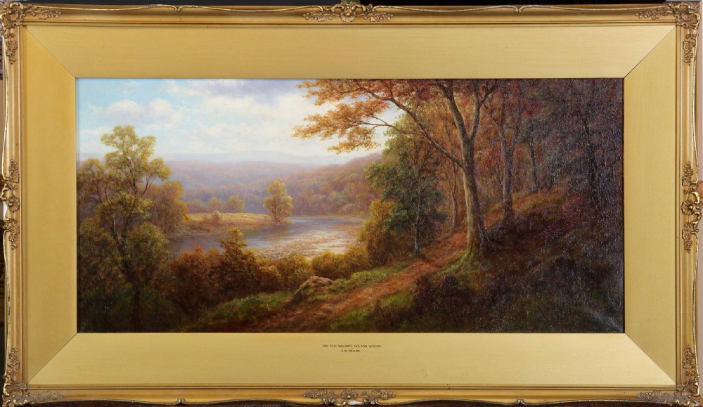 A horizontal oil painting depicting a river landscape in autumn with a dirt path alongside mature trees with warm brown foliage leading towards a river. View II