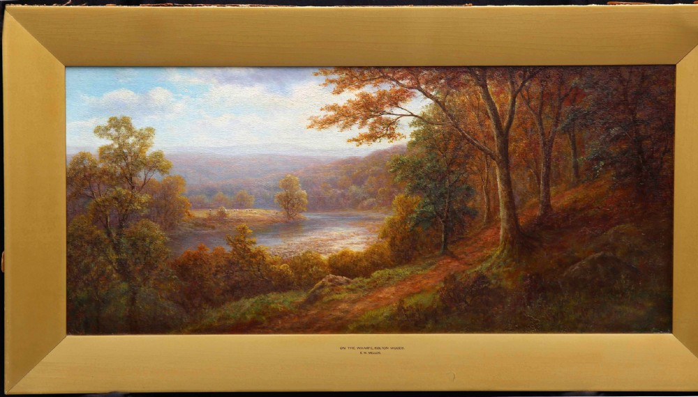 A horizontal oil painting depicting a river landscape in autumn with a dirt path alongside mature trees with warm brown foliage leading towards a river. View III
