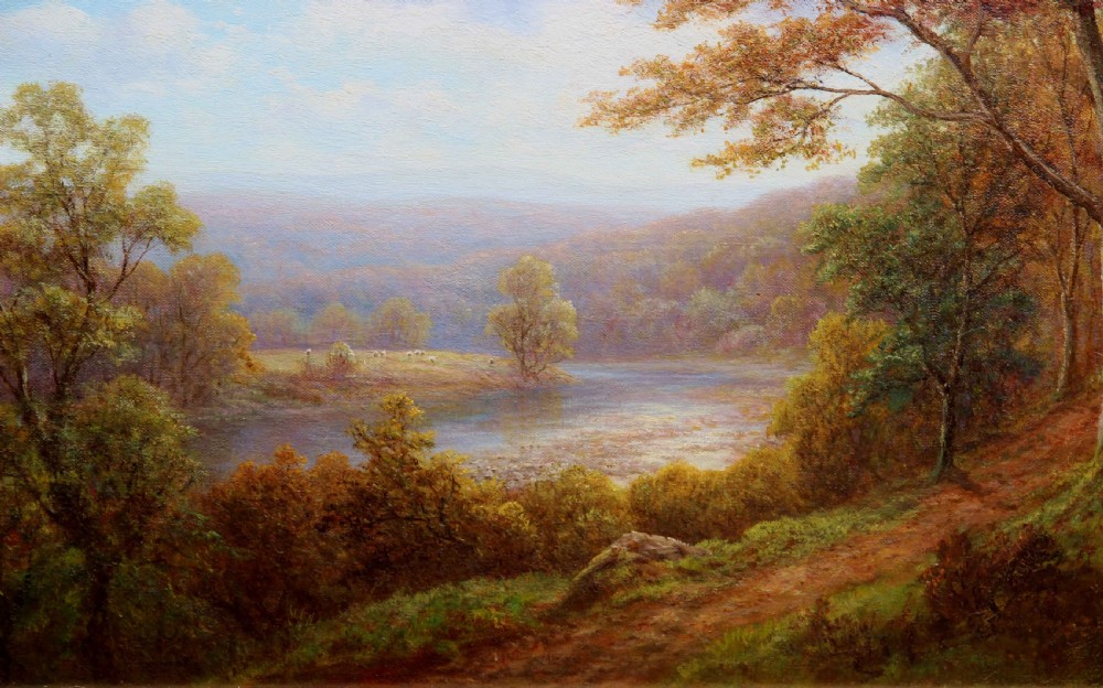 A horizontal oil painting depicting a river landscape in autumn with a dirt path alongside mature trees with warm brown foliage leading towards a river. View V