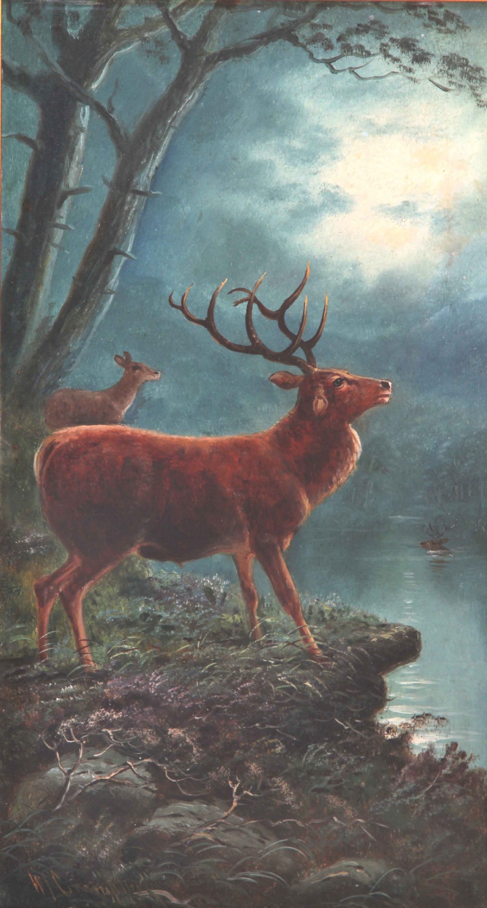 An antique oil painting depicting a red deer stag standing on a heather knoll beside a river under a moonlit sky.