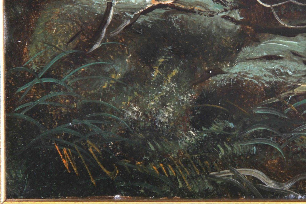 An antique oil painting depicting a red deer stag standing on a heather knoll beside a river under a moonlit sky. View III