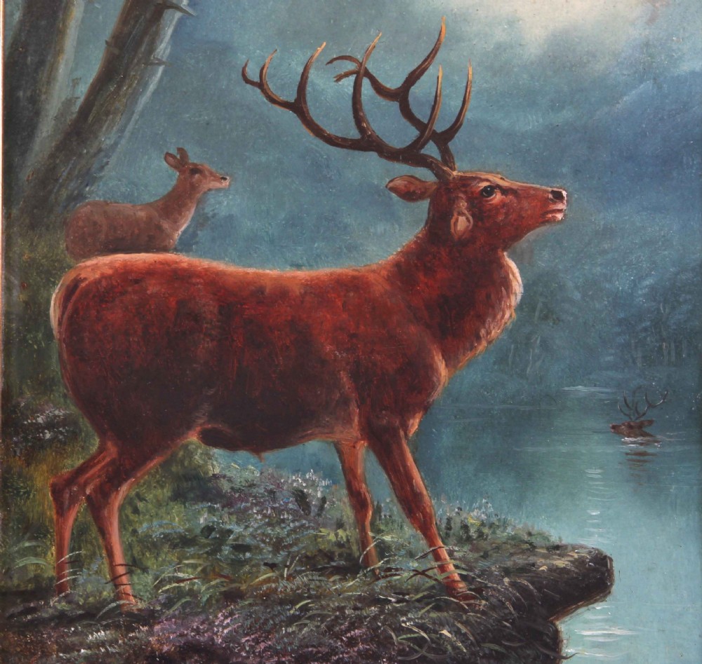 An antique oil painting depicting a red deer stag standing on a heather knoll beside a river under a moonlit sky. View V