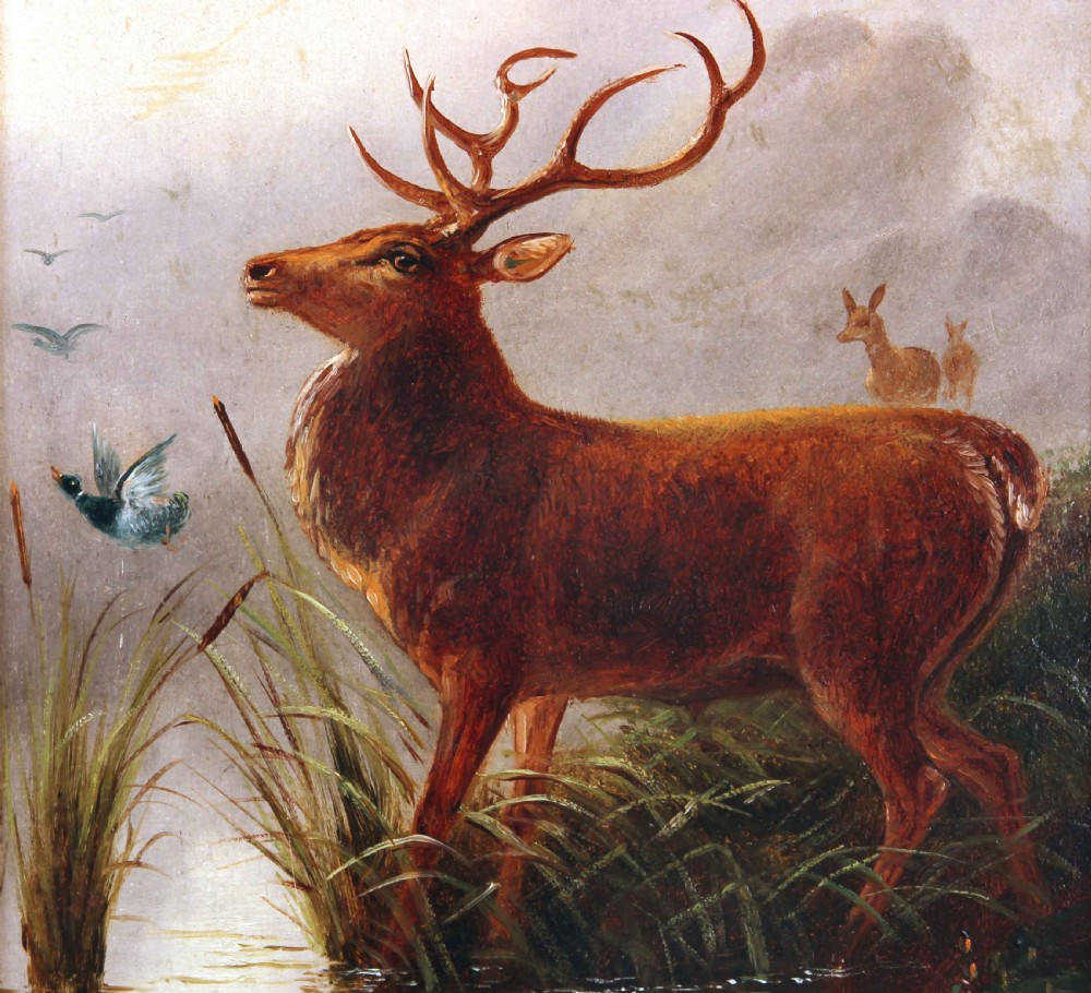 An antique oil painting depicting a stag with prominent antlers standing in a misty wetland landscape beside flying waterfowl and distant deer. View IV