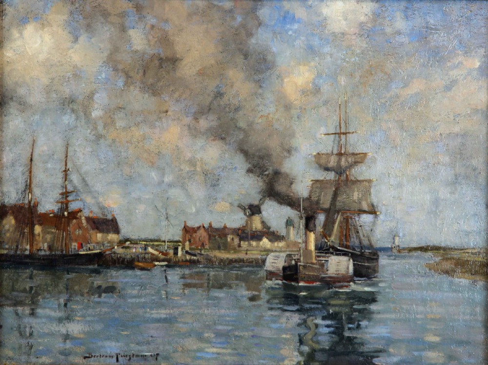 An antique marine oil painting depicting sailing ships and a smoking steam tugboat in Littlehampton Harbour under a cloudy sky.