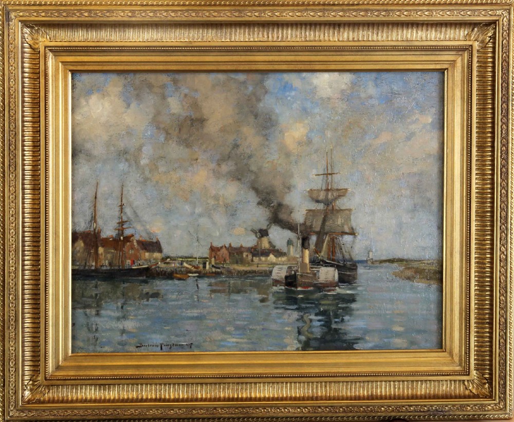 An antique marine oil painting depicting sailing ships and a smoking steam tugboat in Littlehampton Harbour under a cloudy sky. View II