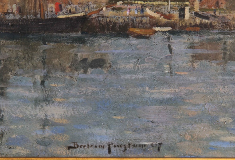 An antique marine oil painting depicting sailing ships and a smoking steam tugboat in Littlehampton Harbour under a cloudy sky. View III