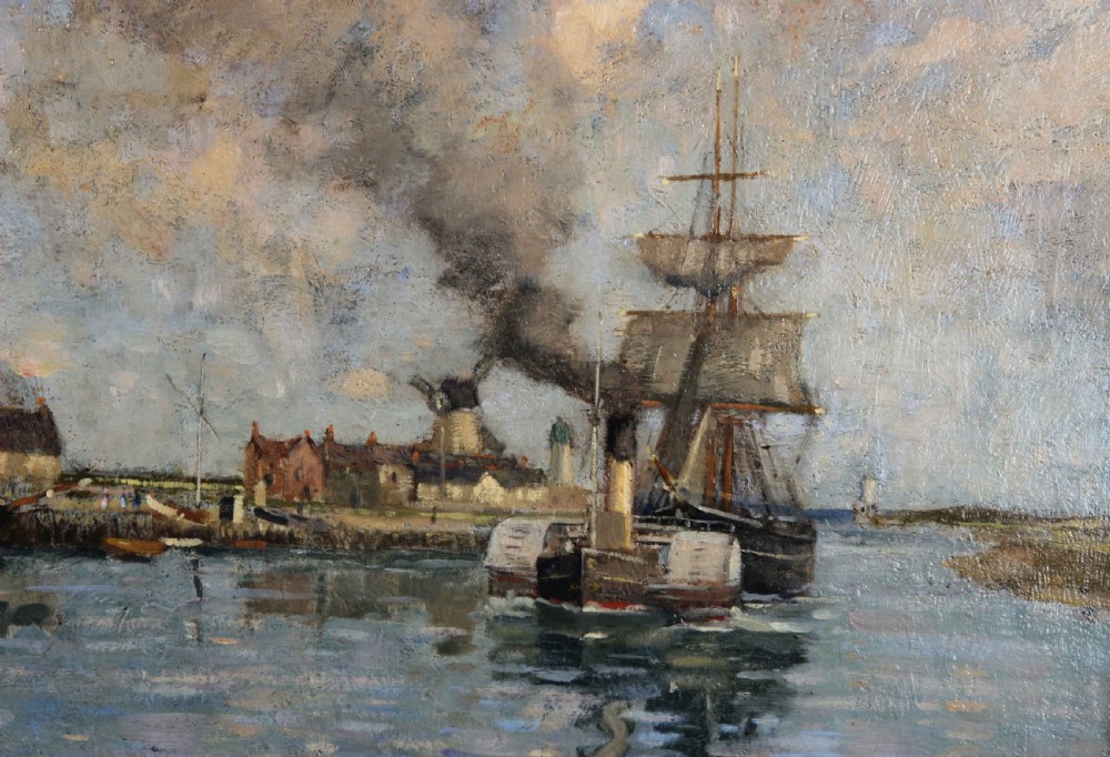 An antique marine oil painting depicting sailing ships and a smoking steam tugboat in Littlehampton Harbour under a cloudy sky. View IV