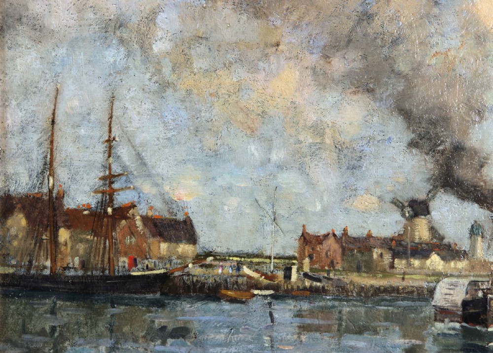 An antique marine oil painting depicting sailing ships and a smoking steam tugboat in Littlehampton Harbour under a cloudy sky. View V