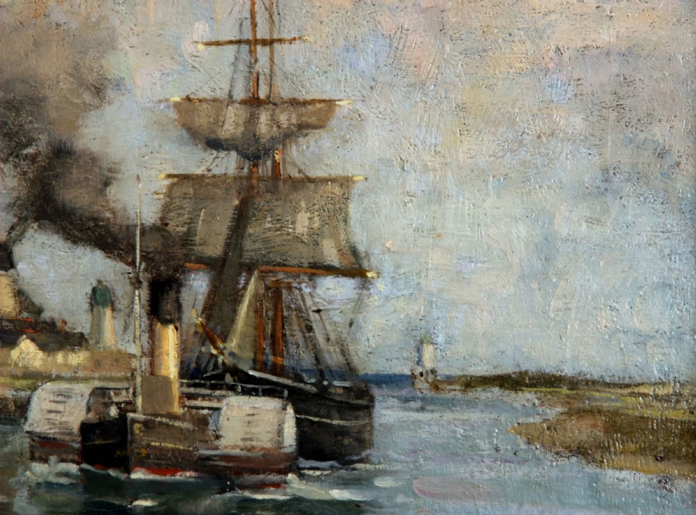 An antique marine oil painting depicting sailing ships and a smoking steam tugboat in Littlehampton Harbour under a cloudy sky. View VI