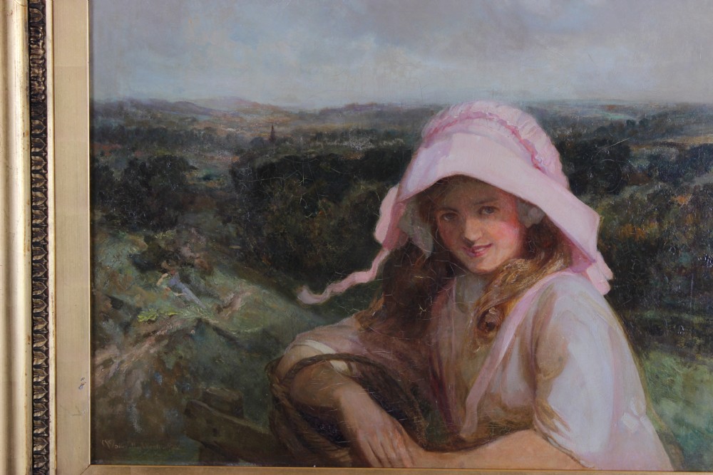 A framed antique oil painting depicting a girl in a pink bonnet set against a sweeping landscape. View III