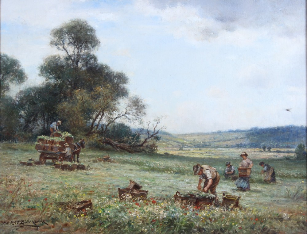 An Edwardian landscape oil painting depicting agricultural workers during harvest, housed in an ornate carved gilt wood frame. View II