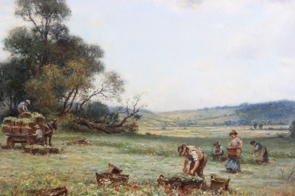 An Edwardian landscape oil painting depicting agricultural workers during harvest, housed in an ornate carved gilt wood frame. View V