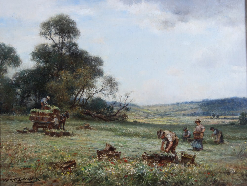An Edwardian landscape oil painting depicting agricultural workers during harvest, housed in an ornate carved gilt wood frame. View VI