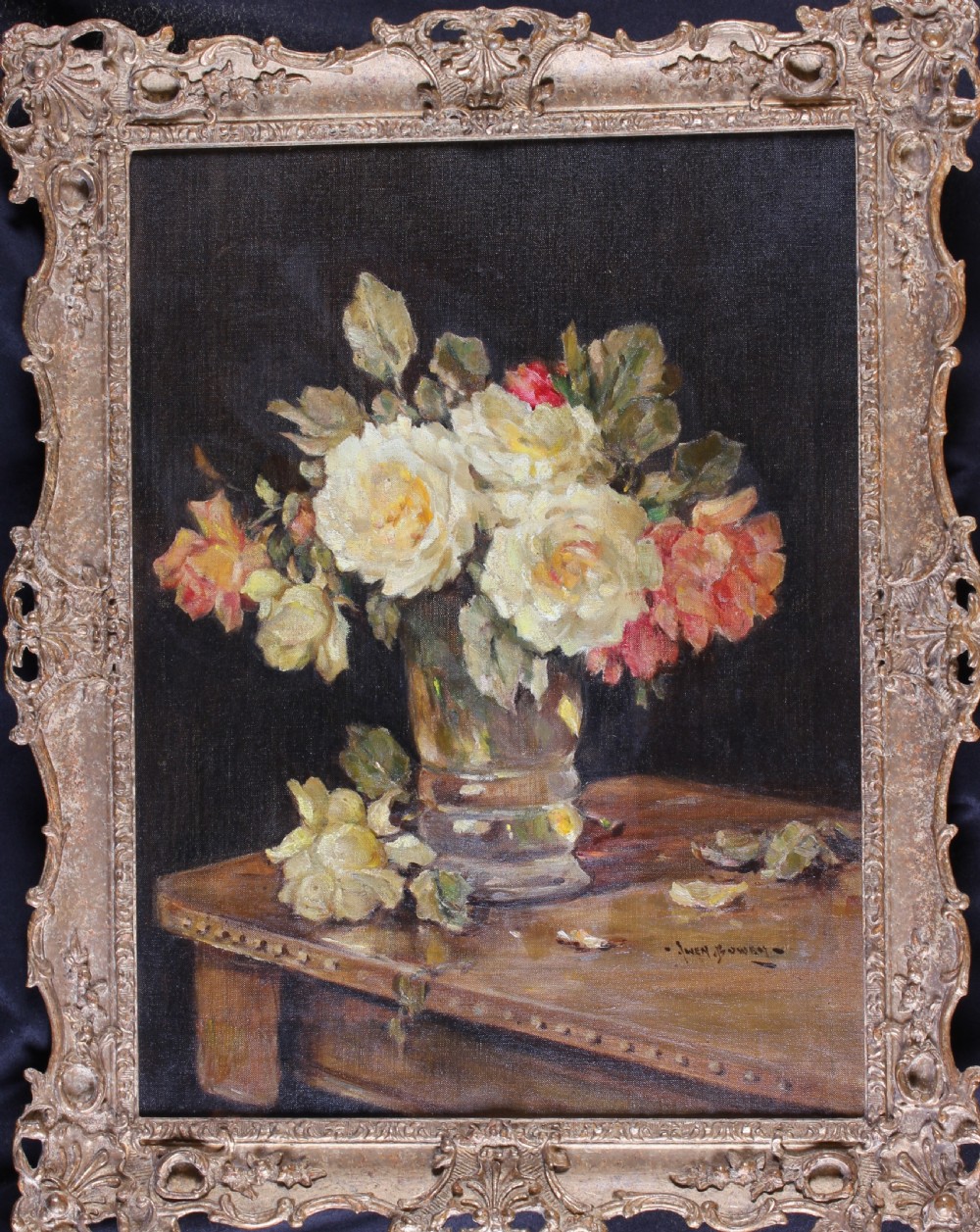 A still life oil painting depicting a vase of white, yellow, and pink roses arranged on a wooden table surface against a dark background. View II