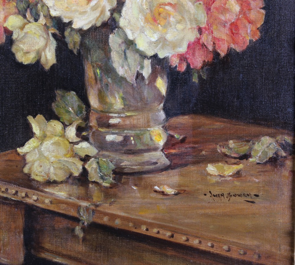 A still life oil painting depicting a vase of white, yellow, and pink roses arranged on a wooden table surface against a dark background. View III