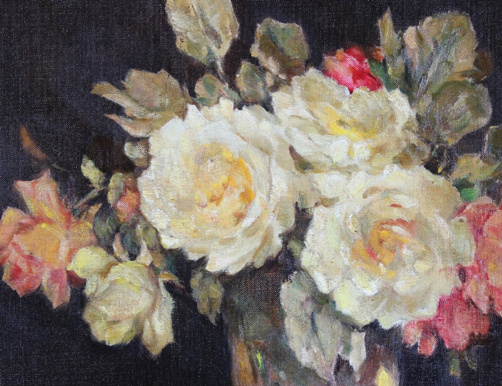 A still life oil painting depicting a vase of white, yellow, and pink roses arranged on a wooden table surface against a dark background. View V