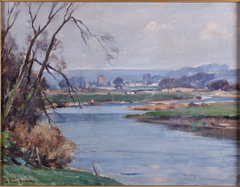 An oil painting depicting a winding river through green fields under a muted sky, framed by bare trees on the left bank.