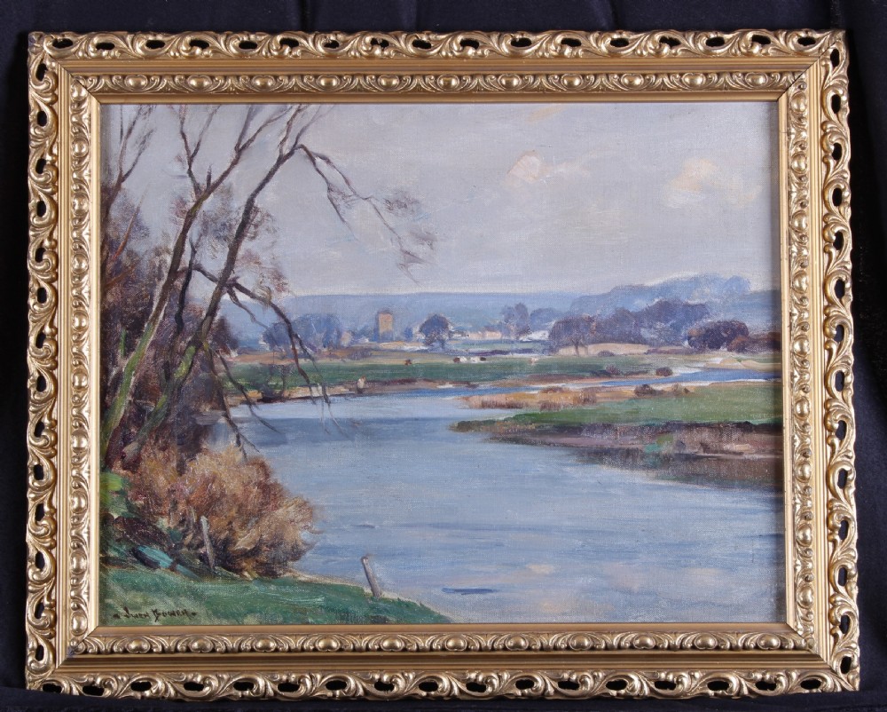 An oil painting depicting a winding river through green fields under a muted sky, framed by bare trees on the left bank. View II