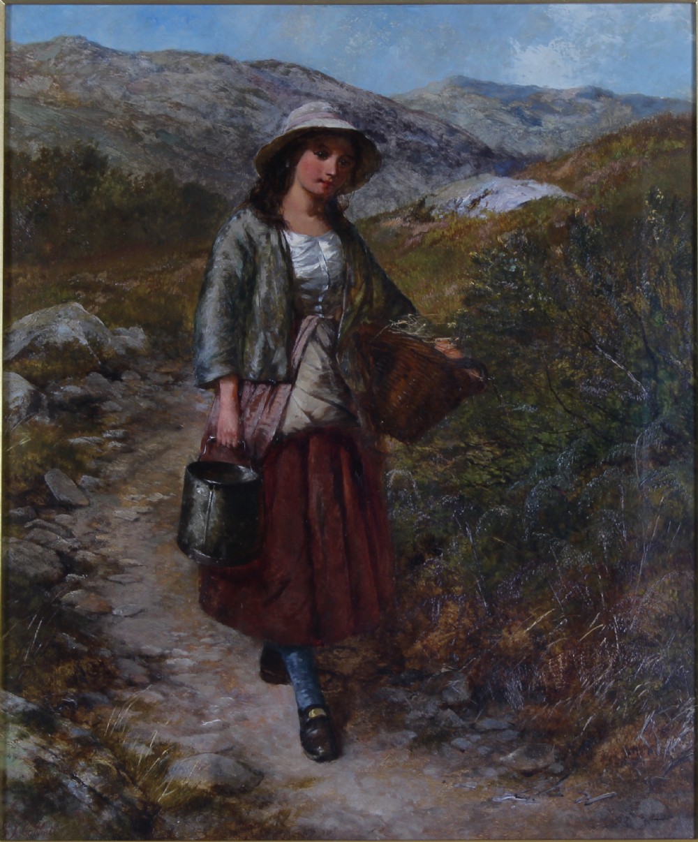 An oil painting depicting a young woman carrying a bucket and basket along a rocky hillside path.