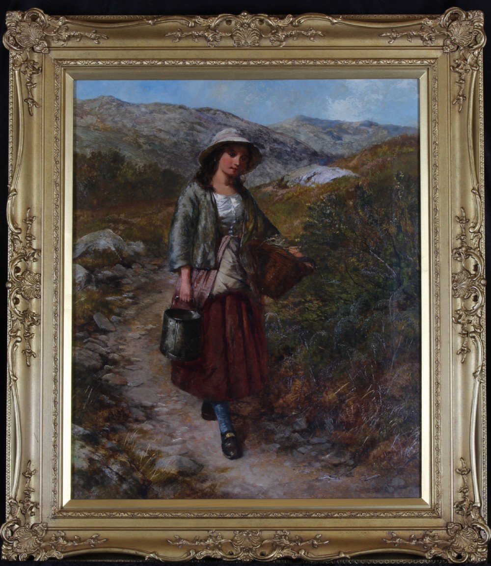 An oil painting depicting a young woman carrying a bucket and basket along a rocky hillside path. View II