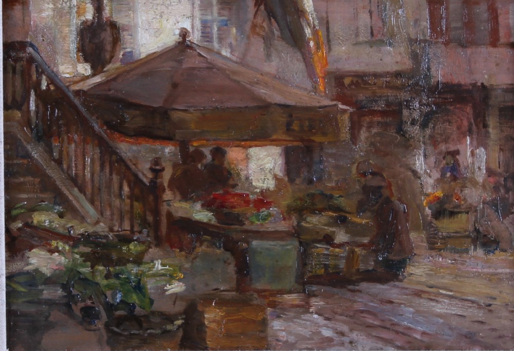 An impressionist oil painting depicting a Belgian outdoor market scene with stalls, figures, and architectural elements rendered in warm earth tones.
