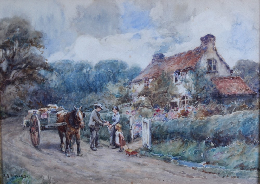 A watercolour painting by Alfred George Stevens depicting a horse-drawn market cart, figures, and a cottage along a country lane under a cloudy blue sky.