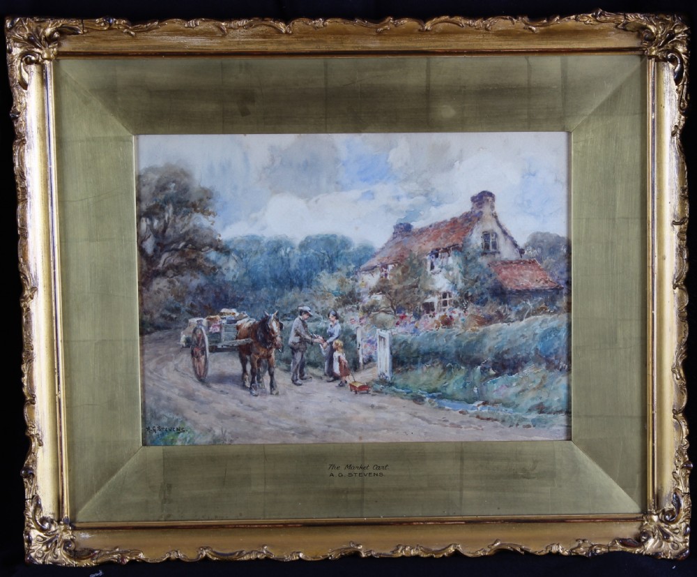 A watercolour painting by Alfred George Stevens depicting a horse-drawn market cart, figures, and a cottage along a country lane under a cloudy blue sky. View II
