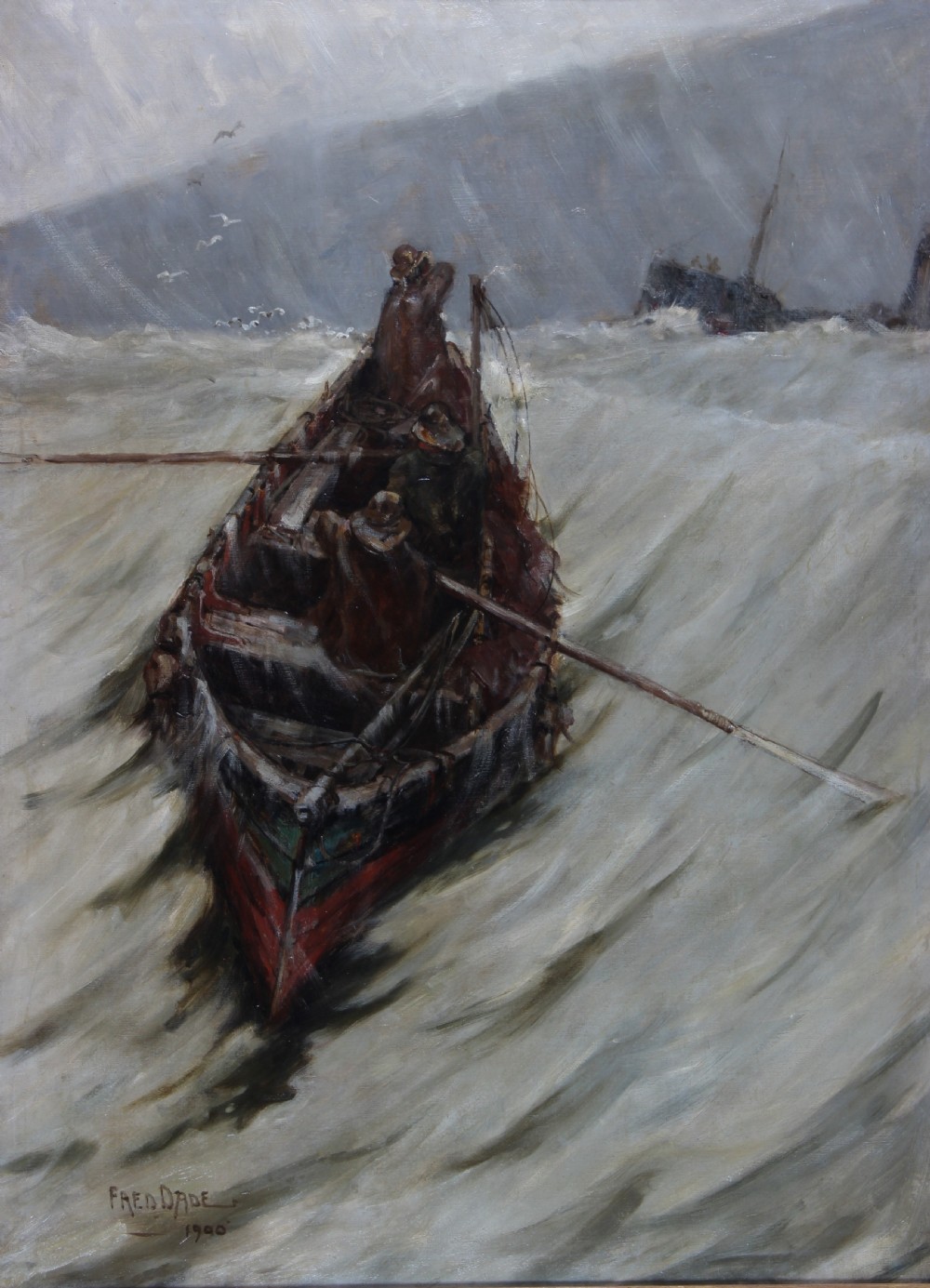 An antique marine oil painting depicting three fishermen in a small wooden boat navigating turbulent grey seas.