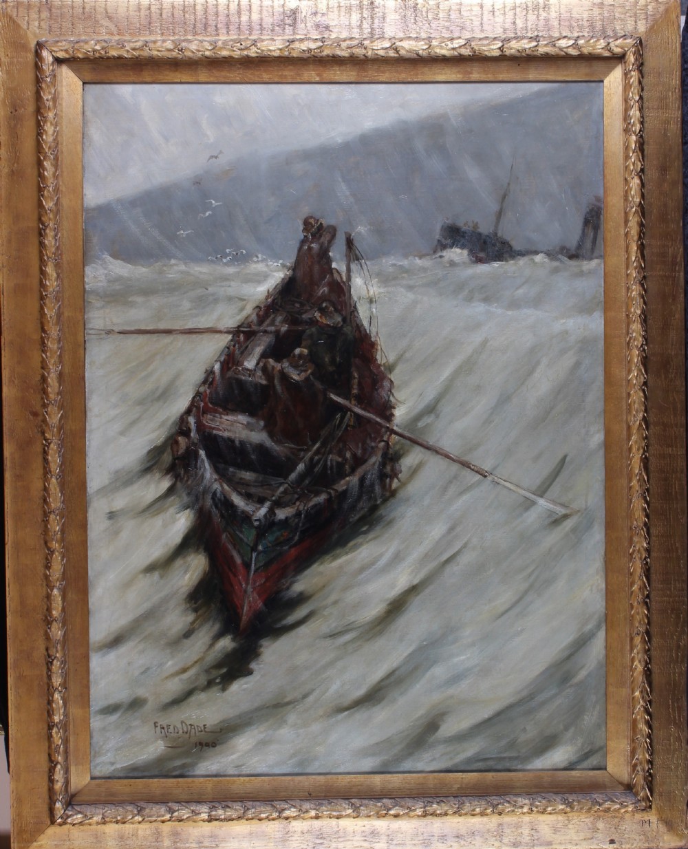 An antique marine oil painting depicting three fishermen in a small wooden boat navigating turbulent grey seas. View II