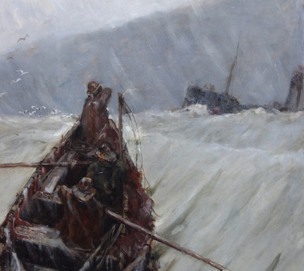 An antique marine oil painting depicting three fishermen in a small wooden boat navigating turbulent grey seas. View IV