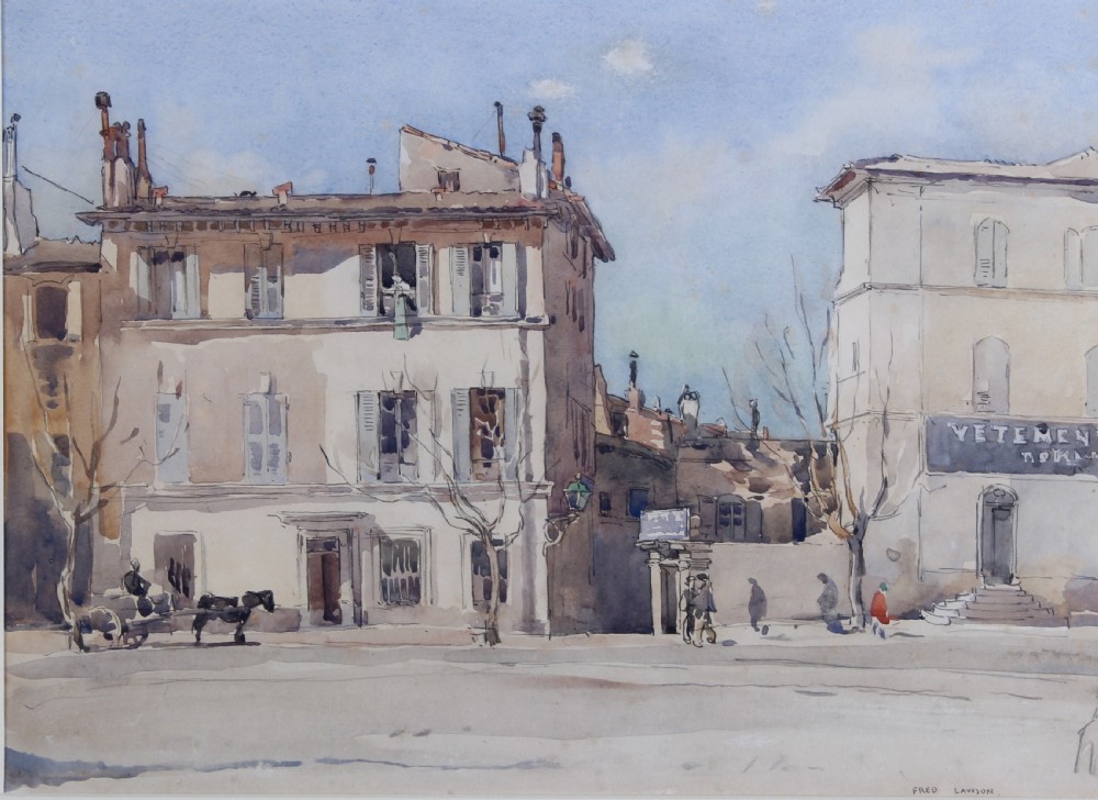 A watercolour painting depicting a sunny French townscape in Avignon featuring multi-storey buildings with window shutters, a horse-drawn cart, and distant figures against a light blue sky.
