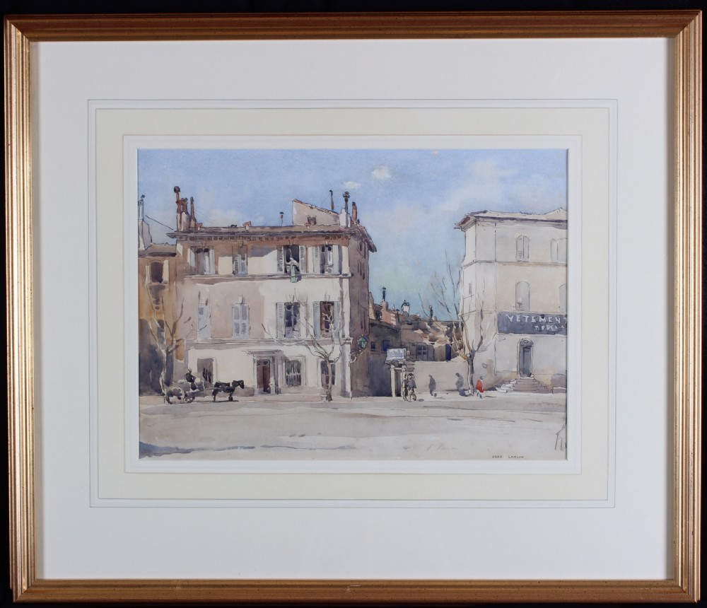 A watercolour painting depicting a sunny French townscape in Avignon featuring multi-storey buildings with window shutters, a horse-drawn cart, and distant figures against a light blue sky. View II