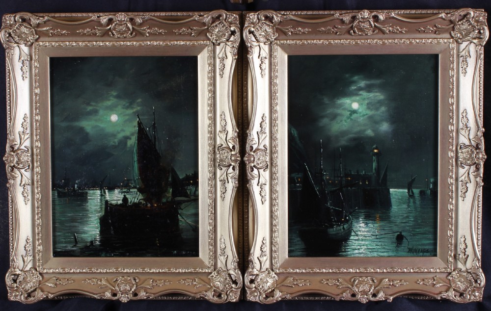 A pair of matching Victorian oil paintings depicting moonlit marine harbour scenes housed in ornate gilded swept frames.
