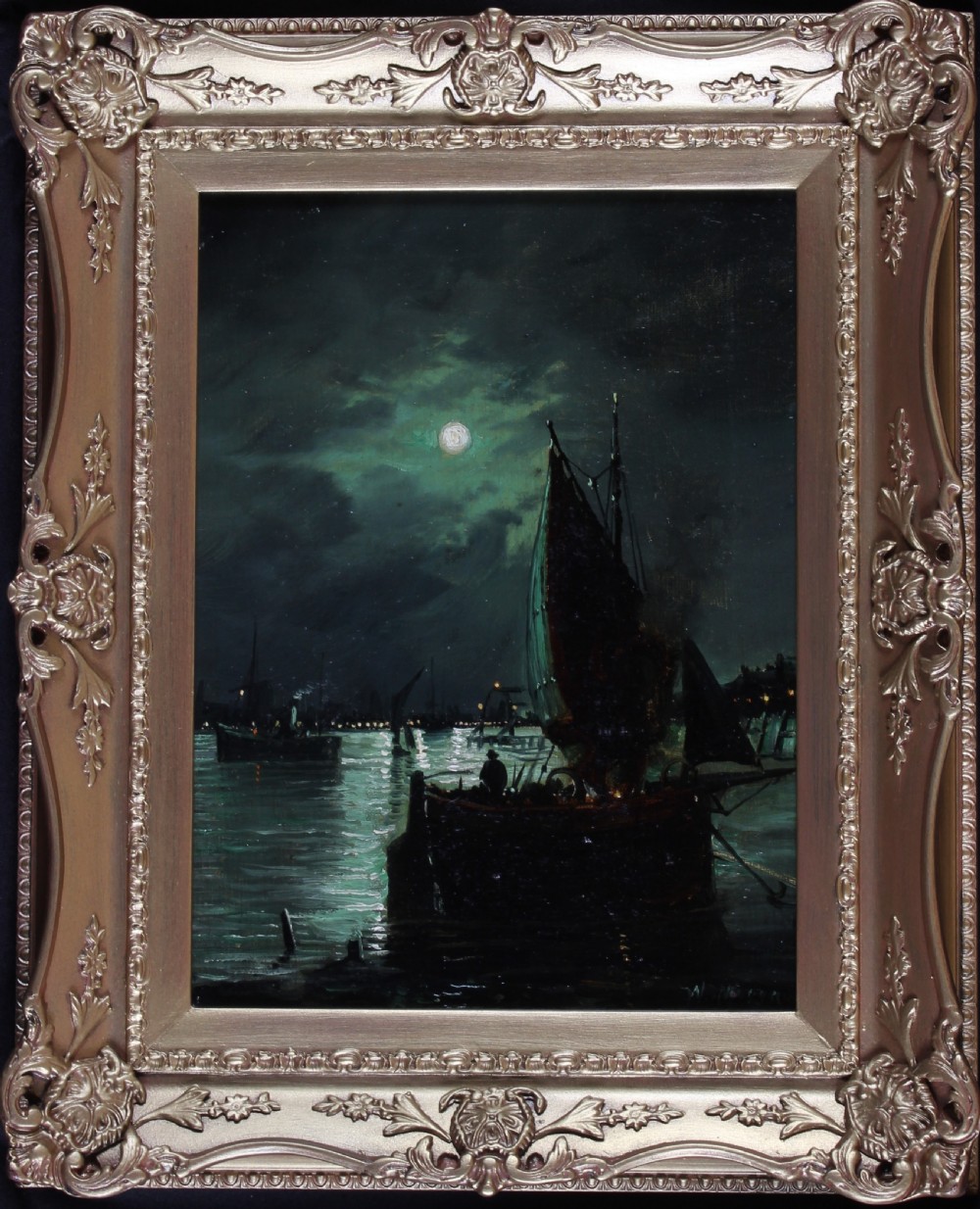 A pair of matching Victorian oil paintings depicting moonlit marine harbour scenes housed in ornate gilded swept frames. View III