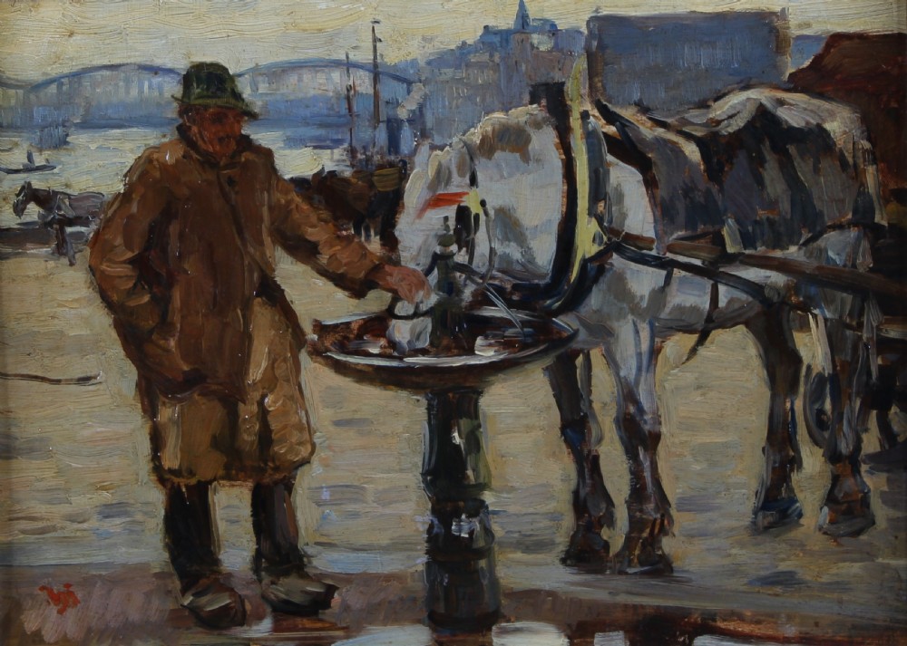 An impressionistic oil painting depicting a man in a brown coat standing beside a white workhorse drinking at a water fountain with a city skyline in the background.