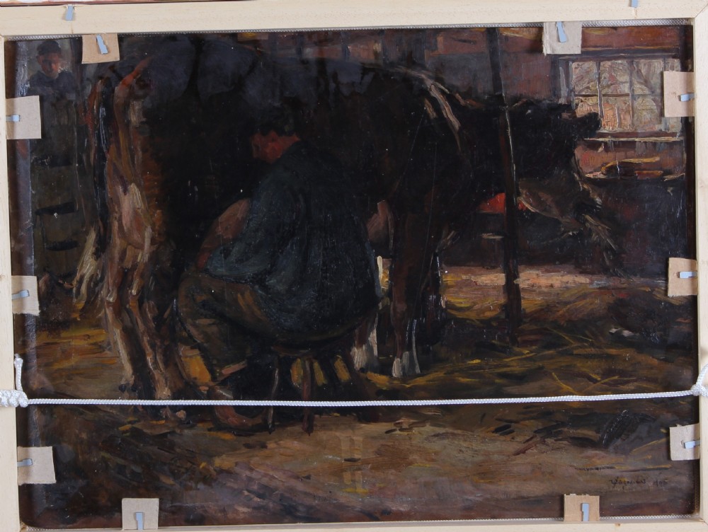An impressionistic oil painting depicting a man in a brown coat standing beside a white workhorse drinking at a water fountain with a city skyline in the background. View VII