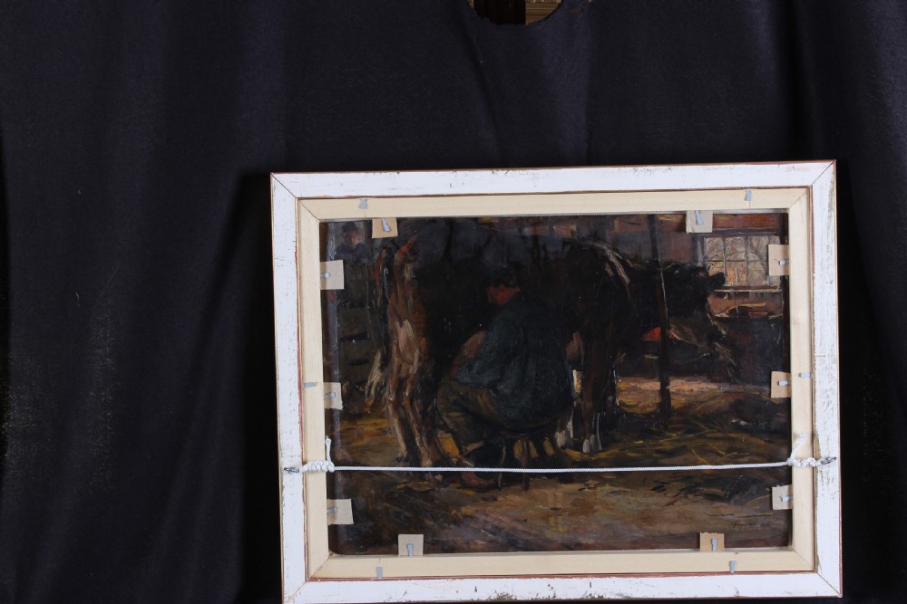 An impressionistic oil painting depicting a man in a brown coat standing beside a white workhorse drinking at a water fountain with a city skyline in the background. View VIII
