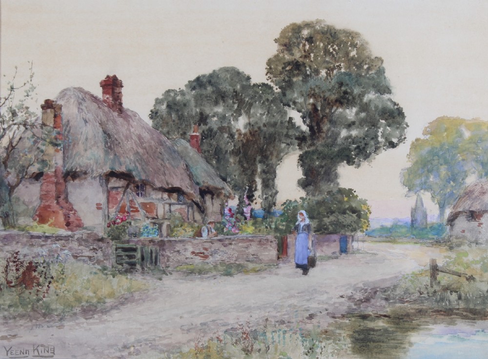 A framed 19th-century watercolour painting depicting a thatched cottage along a rural dirt road in Sussex, presented in an ornate gilt frame. View II