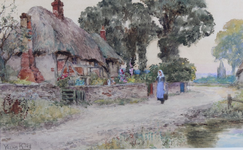 A framed 19th-century watercolour painting depicting a thatched cottage along a rural dirt road in Sussex, presented in an ornate gilt frame. View IV